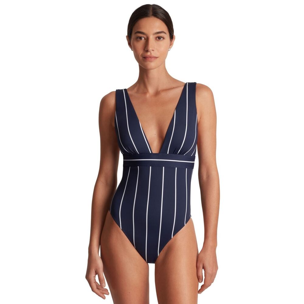 Lauren Ralph Lauren Women's Striped V-Neck One-Piece Swimsuit Navy Size 16 0750
